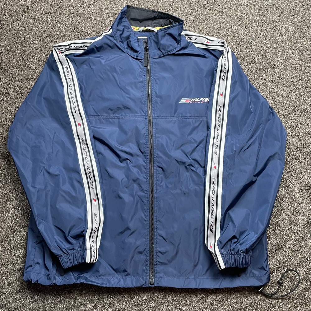 Vintage Tommy Hilfiger Athletics Windbreaker Jacket Navy Blue XL Logo Tape 90s